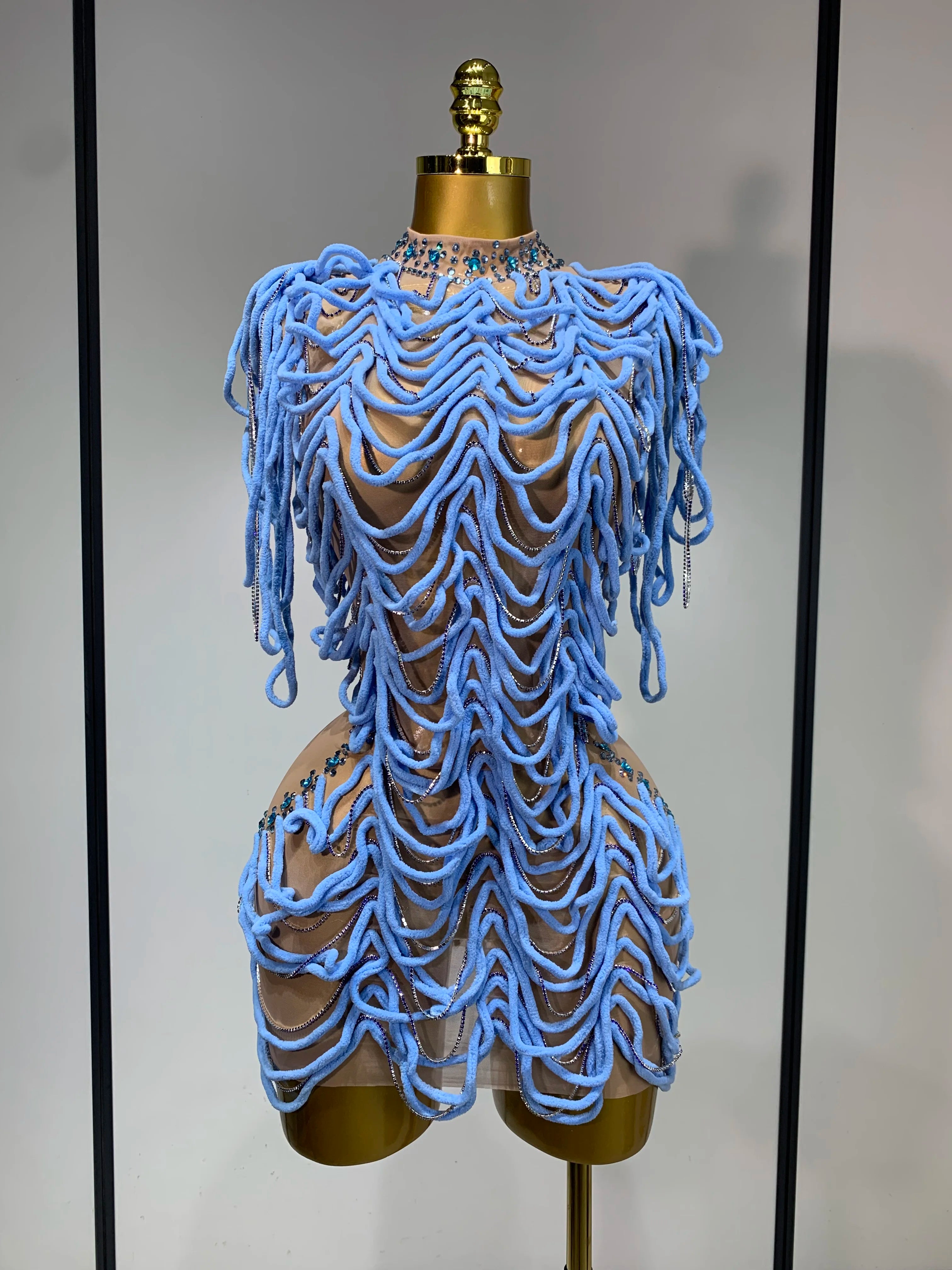 Women Sexy Fashion Short Dress Mesh Designer Rhinestones Chain Stage Costume Nightclub Celebrate Party Performance Outfit Blue