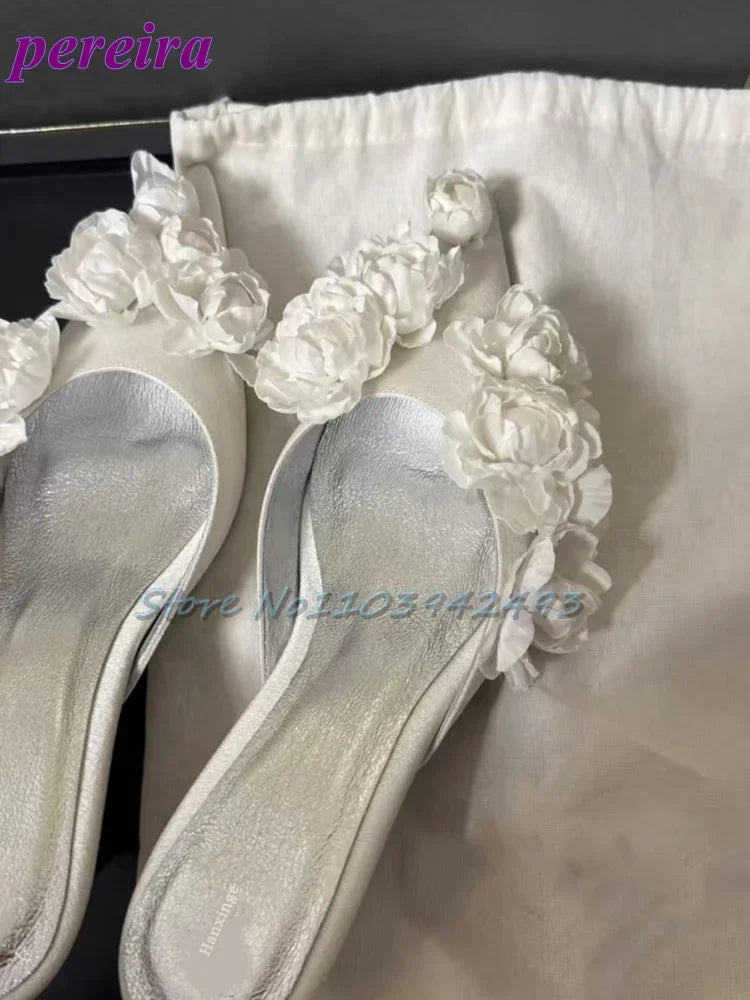 Multi Flower Wedding Sandals Satin Pointed Toe White Pull On High Heel Solid Slip On Blossom Shallow Outdoor Dress Party Mules