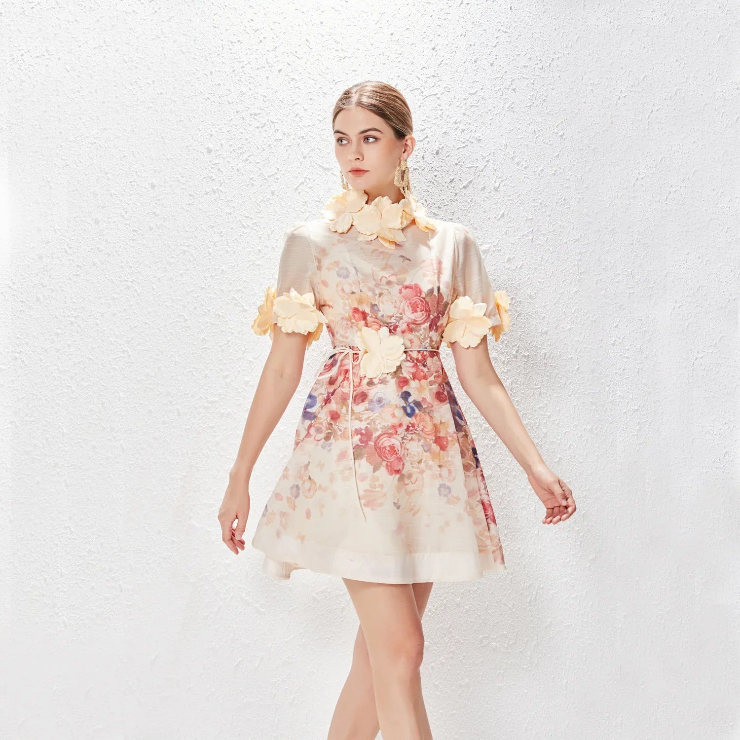 NEW Women Floral Mini Dress Spring Summer Printed Standing Collar Short Sleeve Vestido Ladies Holiday Party Vintage Dresses Apricot Short