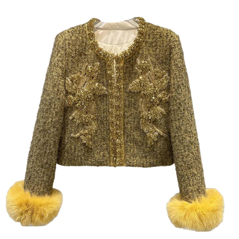 Winter New Fashion Fox Fur Cuff Beaded Embroidery Cotton Inner Short Coat For Women Covered Buttoned Jacket 11A07812