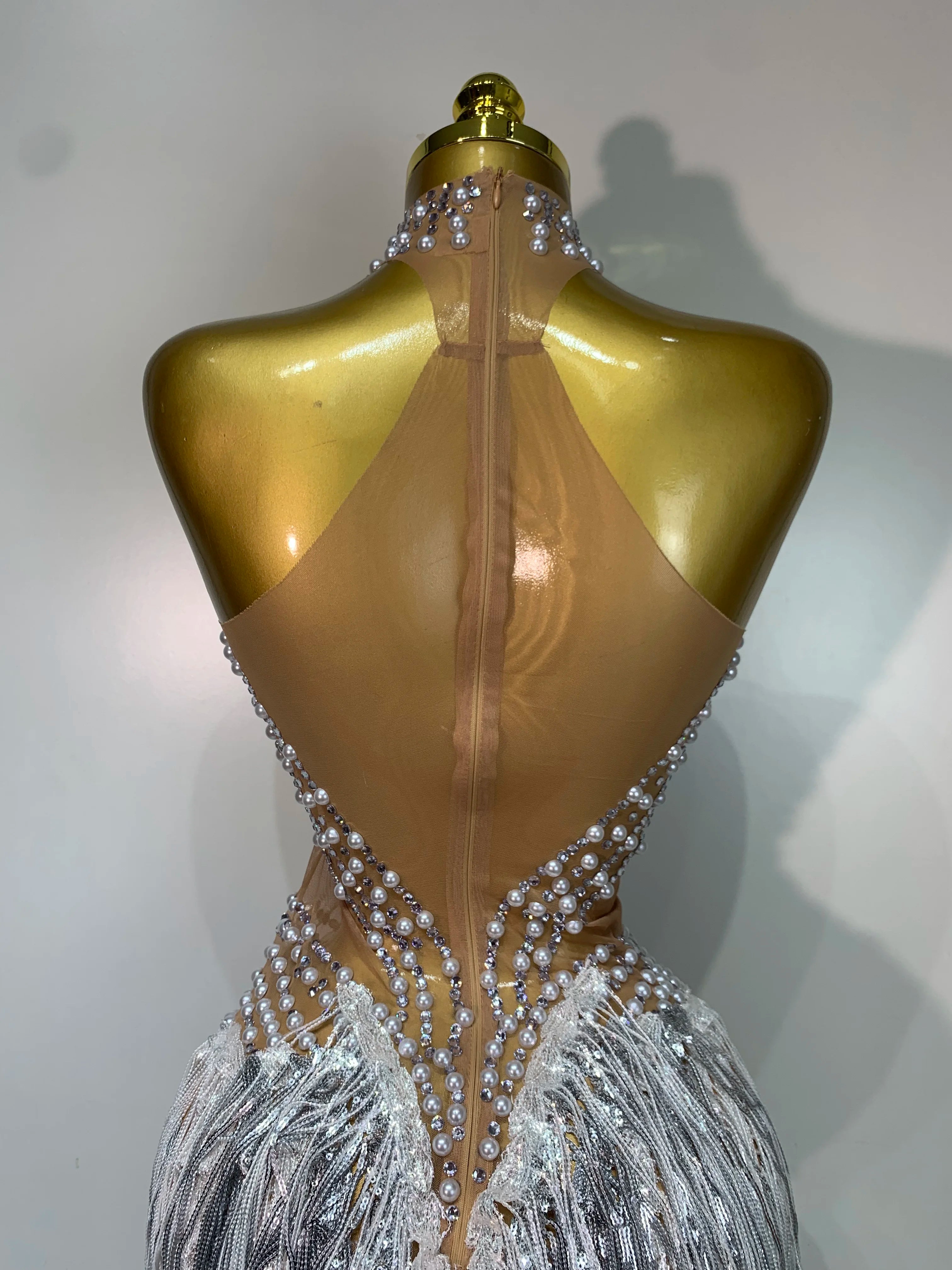 Women Sparkly Rhinestones Pearls Tassel Sexy Mesh See Through Dress Latin Dance Outfits Bar Nightclub Party Stage Costume