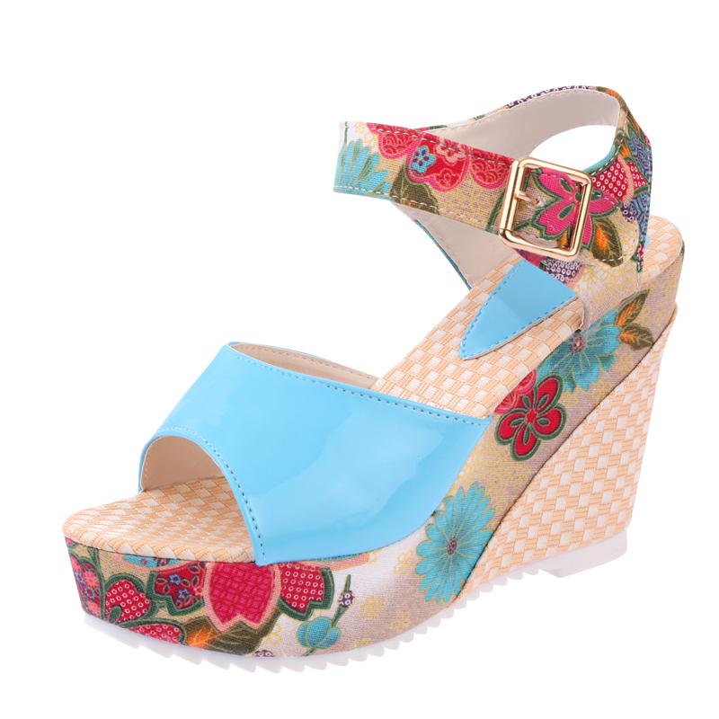Women Sandals Summer Platform Wedges Casual Shoes Woman Floral Super High Heels Open Toe Slides Slippers Sandalias Zapatos Mujer Blue