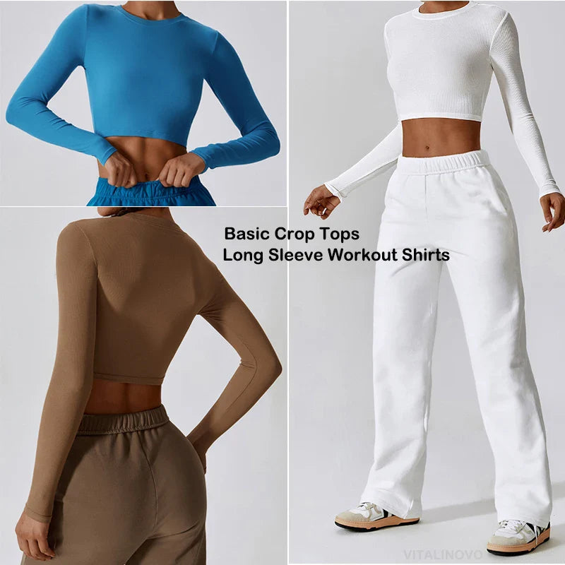 VITALINOVO Ribbed Crew Neck Cropprd Gym Tee Shirt Lightweight Basic Crop Tops Slim Fit Long Sleeve Workout Shirts for Women