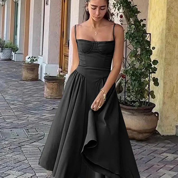 Women Sexy Solid Sling Midi Dress Fashion Sleeveless Backless Pleated Hem Dresses Summer Female Party Evening A-line Robes Black