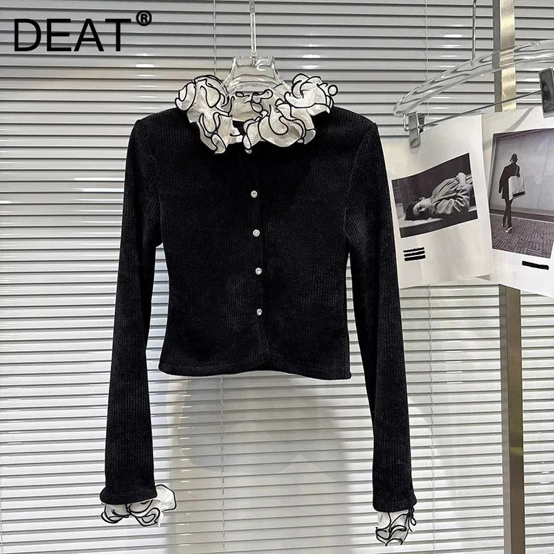Winter New Sweet Fashion Ruched Lace Collar Corduroy Fabric Long Sleeve T-Shirt For Women Slim Fit Top Female 11A07684