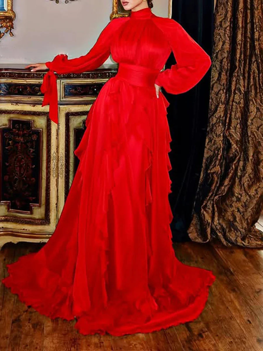 Solid Loose Midi Dresses for Women Round Neck Long Sleeves Patchwork Lace Up Temperament Dress Female Clothing New RED