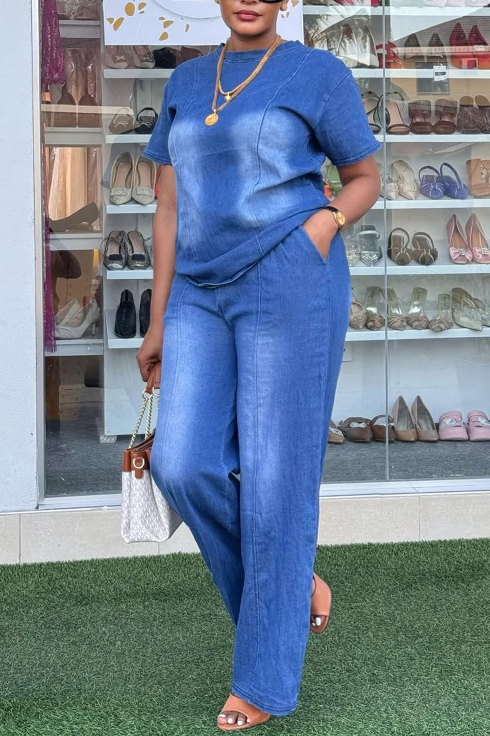 Plus Size Vacation Blue Casual Round Neck Short Sleeve Pocket Tencel Denim Two Piece Pant Sets