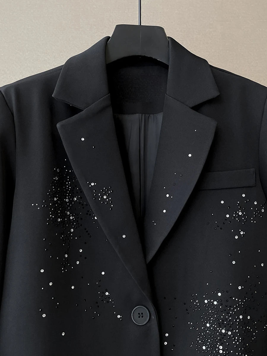 Solid Loose Spliced Bead Fashion Blazers for Women Lapel Long Sleeves Patchwork Single Breasted Blazer Female New