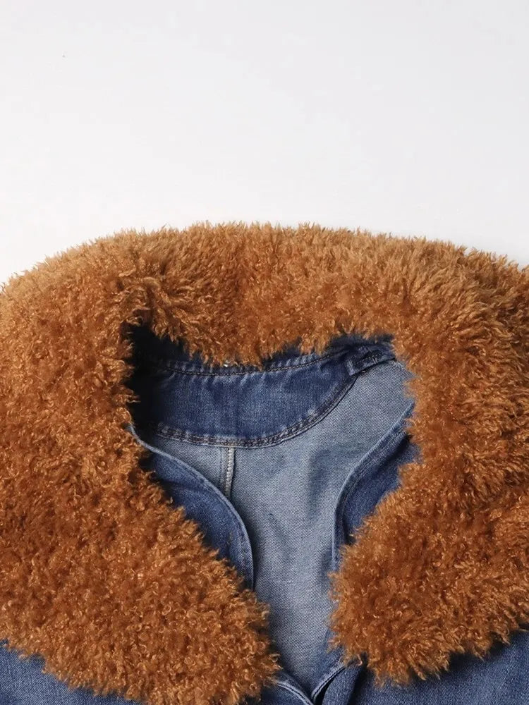 Colorblock Patchwork Lace Up Denim Coat For Women Fur Collar Long Sleeve Loose Casual Trench Female Fashion Style