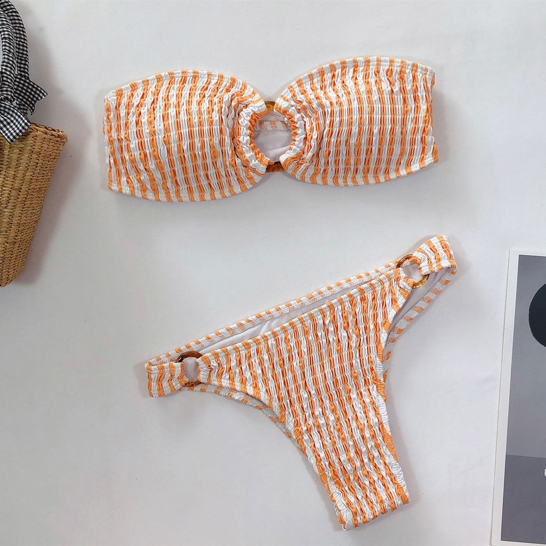 Sexy Bikini Bandeau Striped Pleated Swimwear - Swimsuit Bikinis Set Bathing Suit Beach Bikini Female Hoop Ring Decor Tankini Default Title