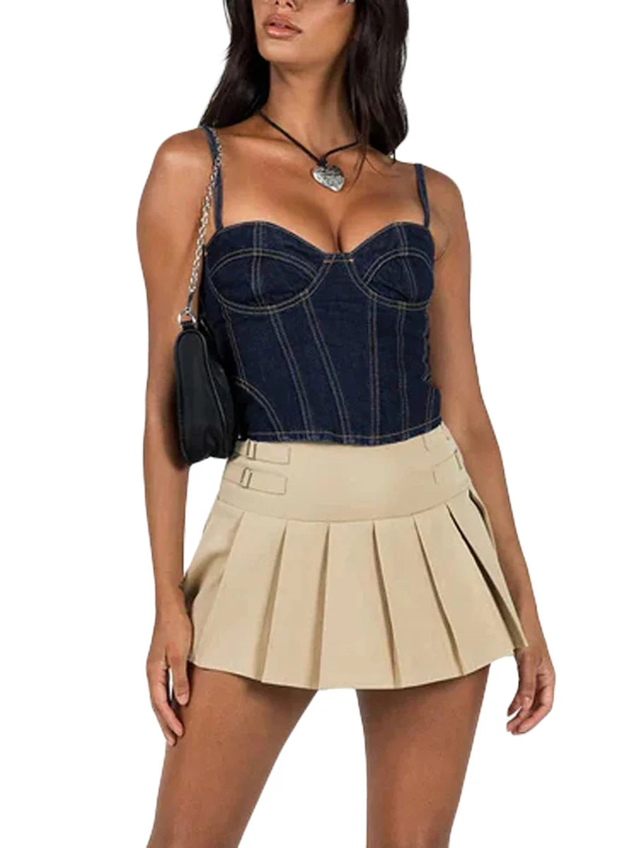 Women Denim Camisole, Spaghetti Straps Backless Lacing Slim Fit Summer Tops for Party Club black