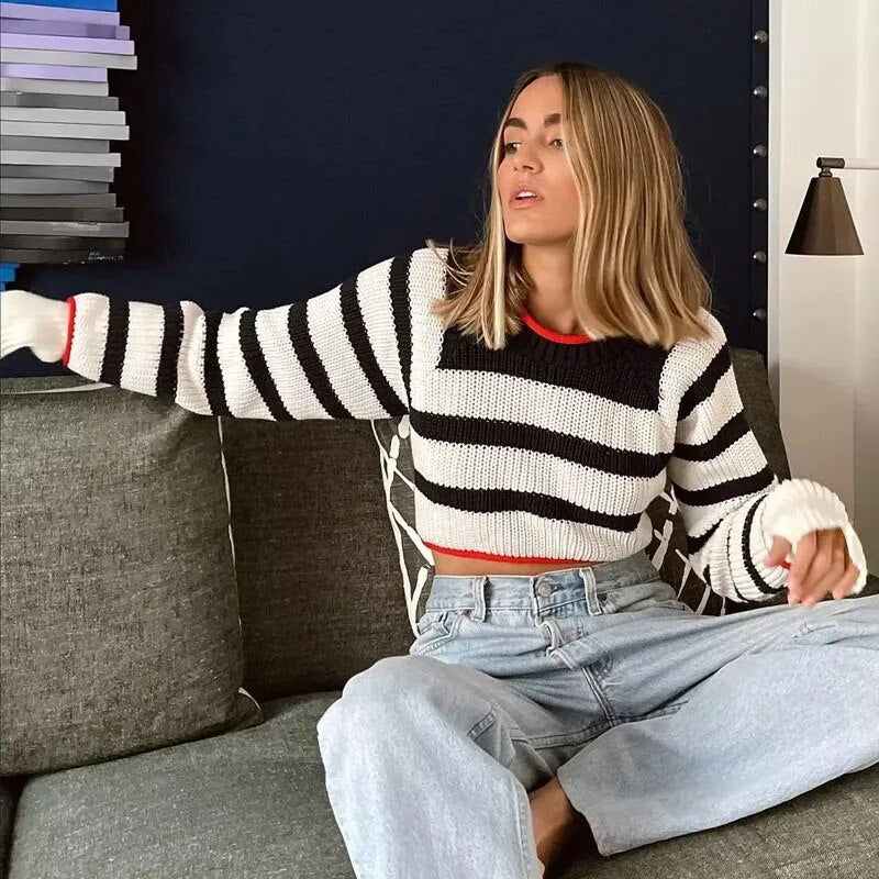 TRAF Women's Cropped Sweaters Knit Striped Sweater Pullovers Autumn Winter Crop Knit Backless Long sleeve Top Knitwears