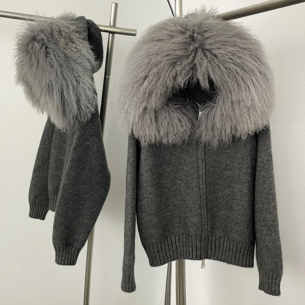 Coat Women Cardigan Natural Fox Fur Coat Women Real Mongolian Fur Knitwear Female Spring Autumn Hooded Knitted Fur Jacket light Gray sheep One Size