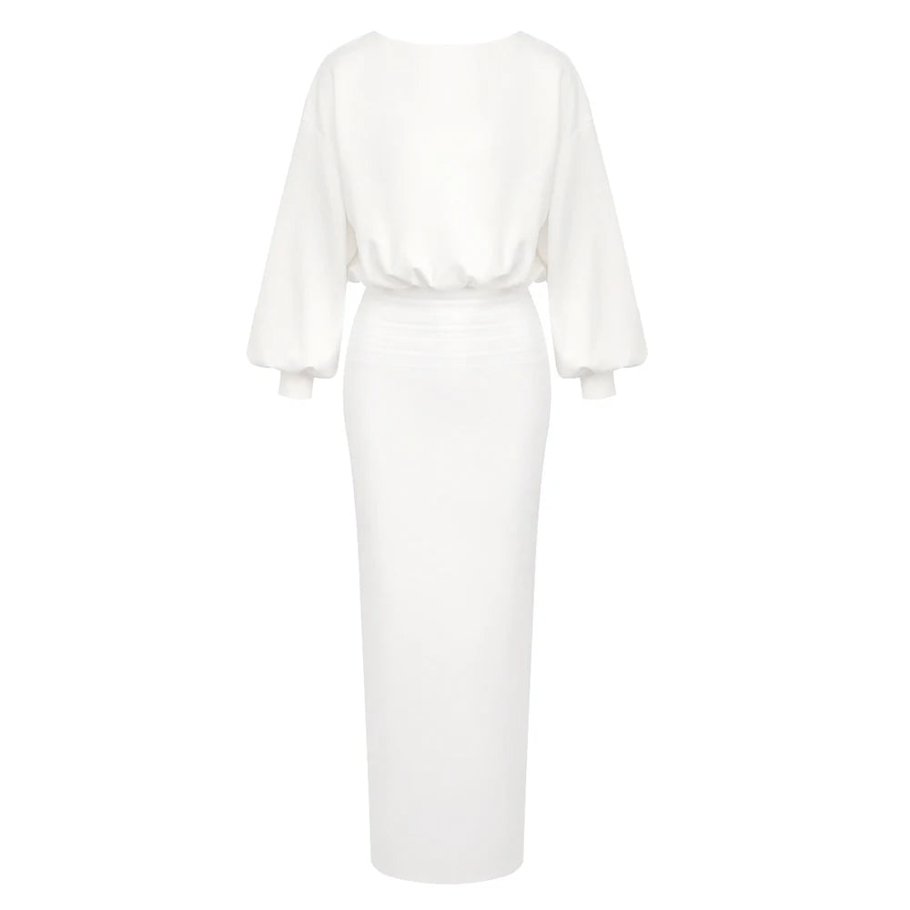 Elegant Soft Crewneck White Long Sleeveless Midi Dress for Office-Ready Chic Gown WHITE