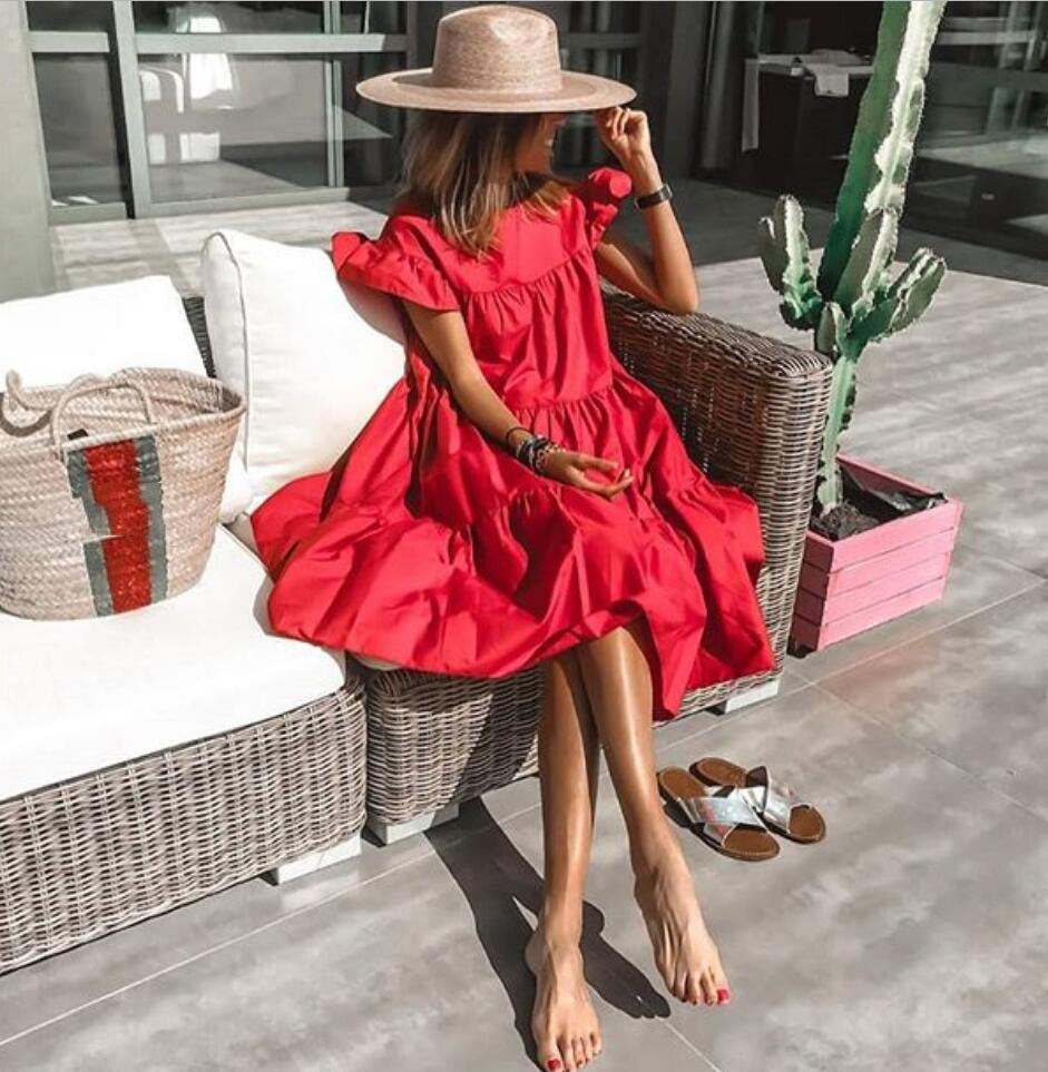 Sundress Elegant Casual Party Beach Vintage Swing Midi Dress Red