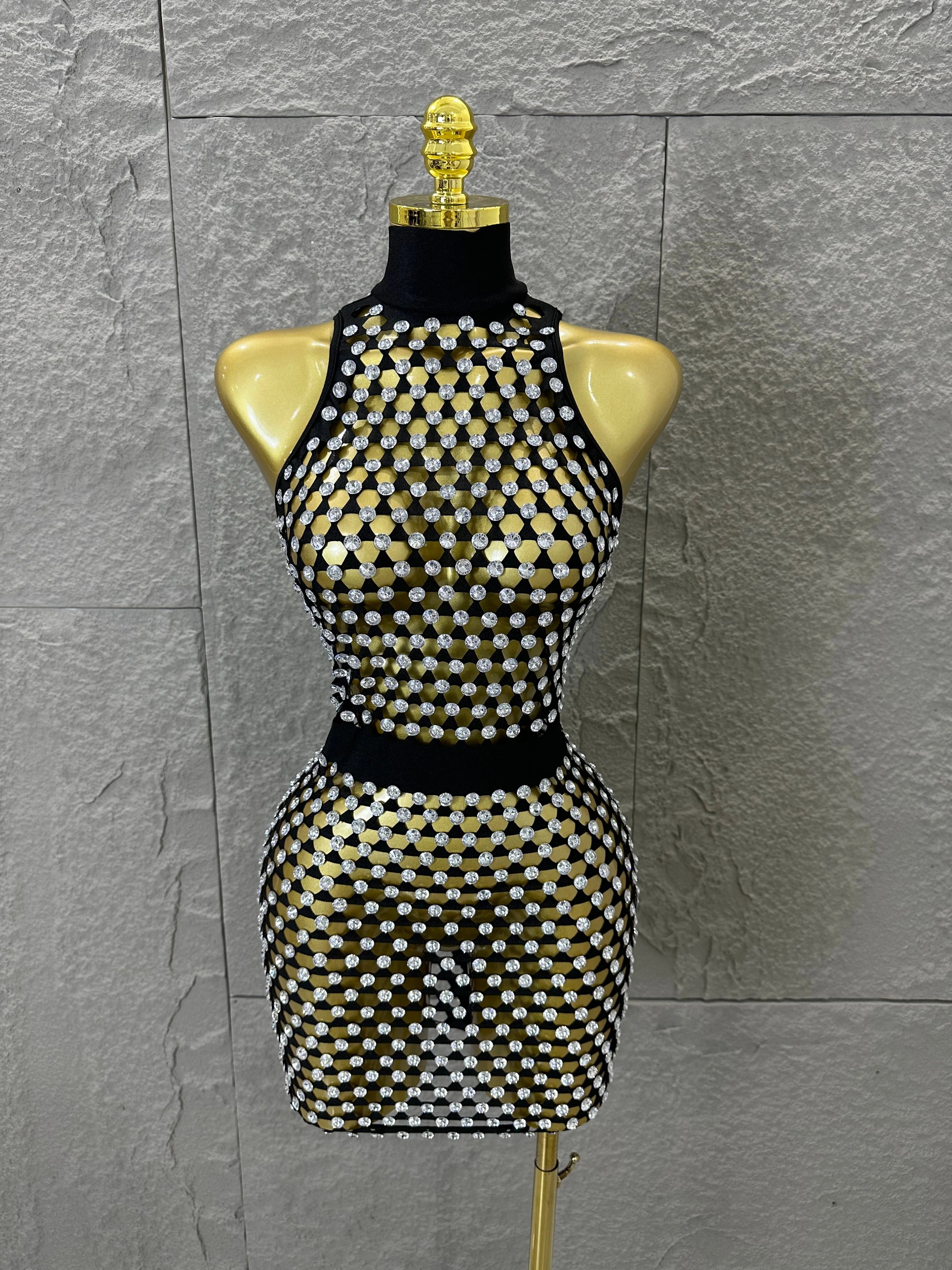 Luxury 2026 Glamorous Black Mesh Halter Mini Dress Sparkle Rhinestone Gold Silver Bead Bodycon Bar Stage Performance Costume