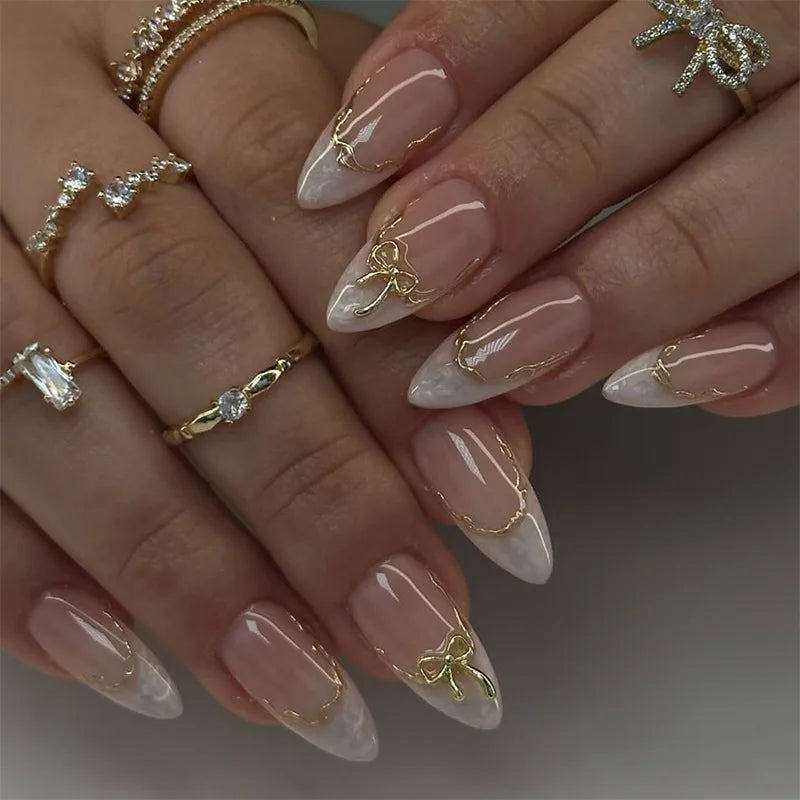 24Pcs 3D Golden French False Nails with Glue Wearable Round Head Press on Fake Nails Tips Almond Reusable Manicure for Women 107-83