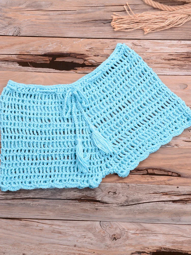 Crochet Hollow Out Tassel Beach Cover Up Sexy Women Mini Tops Beachwear Bikini Swimwear Bathing Suit Cover Up Sky Blue Bottom One Size