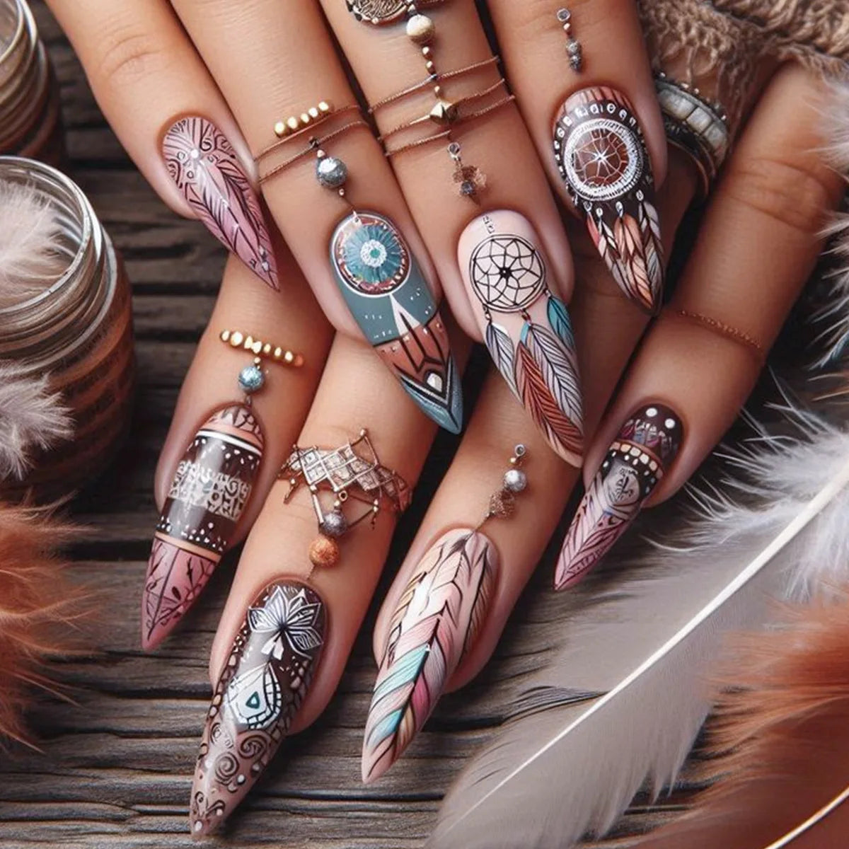 24pcs/set Medium long fake nails for women Spring summer flowers butterfly bee design faux ongles tips press on false nail art 1946