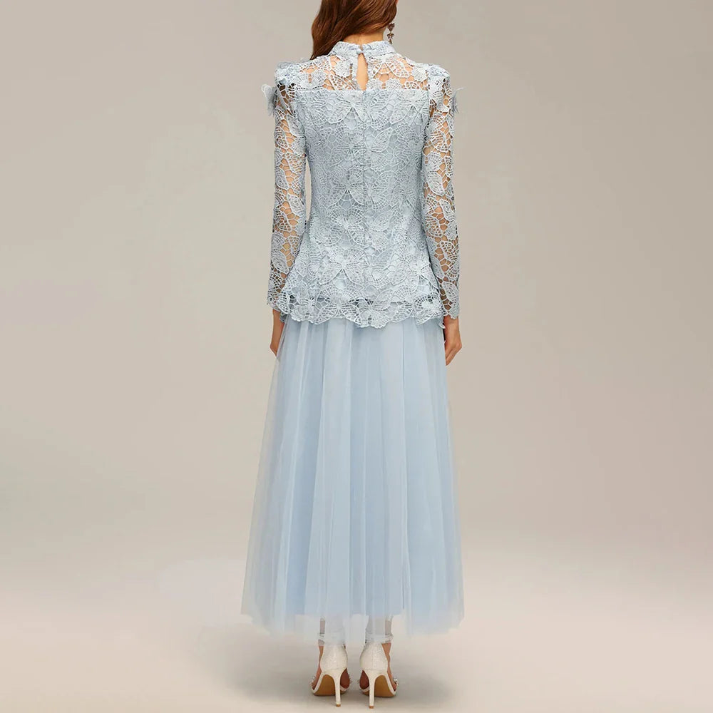 Solid Two Piece Sets for Women Stand Collar Long Sleeve Spliced Applique Top High Wasit Patchwork Mesh Skirt Female