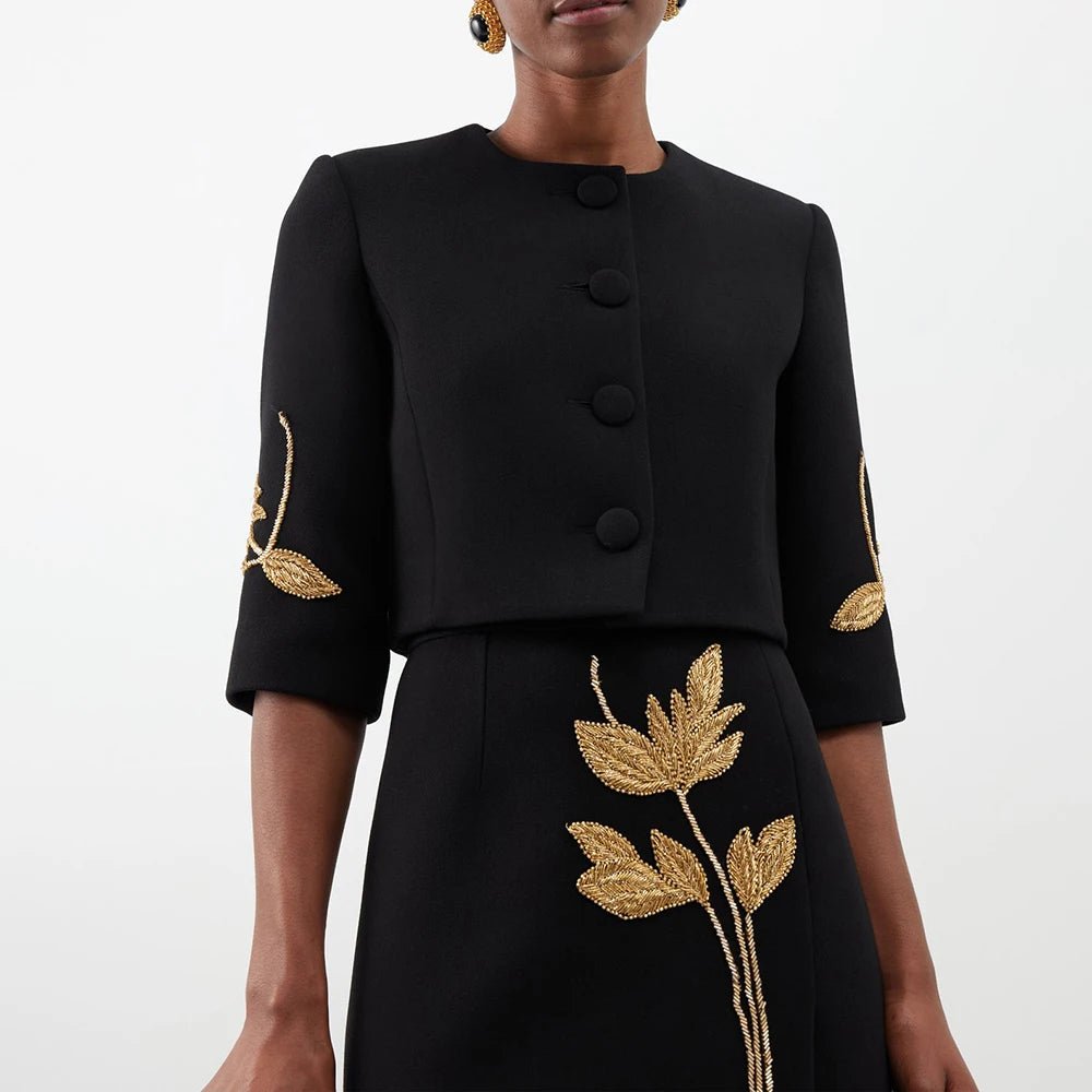 Colorblock Chic Two Piece Sets For Women O Neck Half Sleeve Coat High Waist Skirt Elegant Set Female Fashion Style