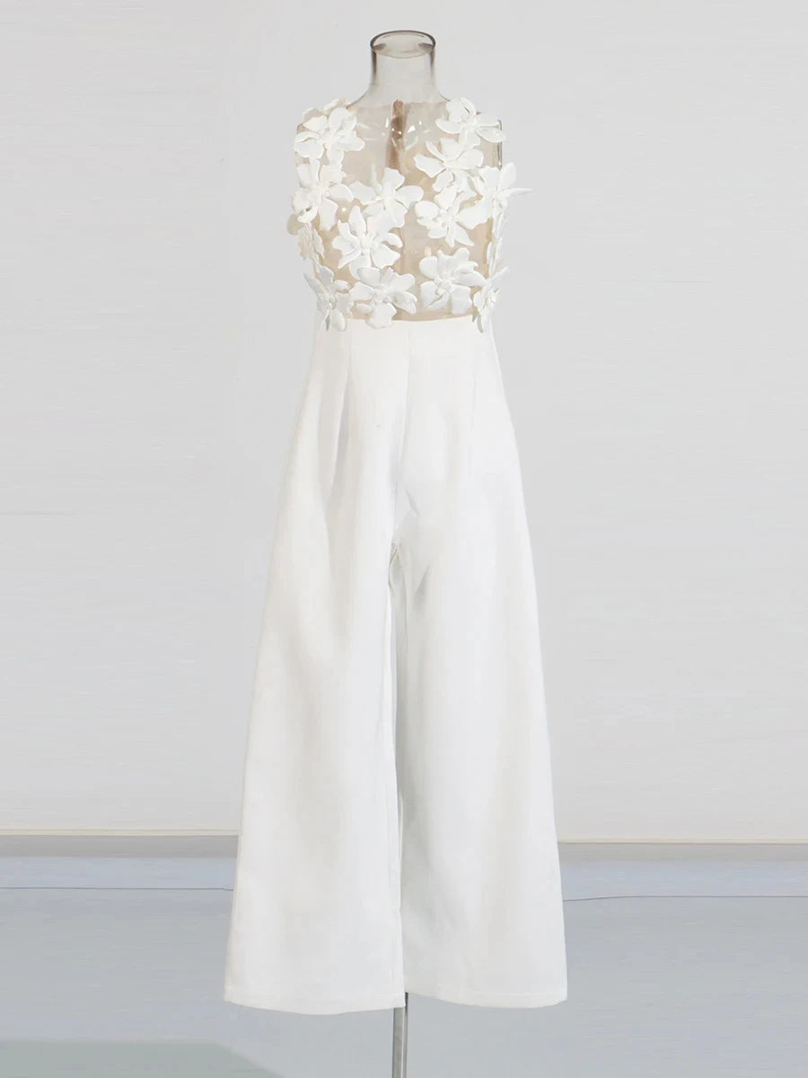 Solid Slimming Spliced Appliques Jumpsuits for Women V Neck Sleeveless High Waist Elegant Jumpsuit Female Fashion WHITE