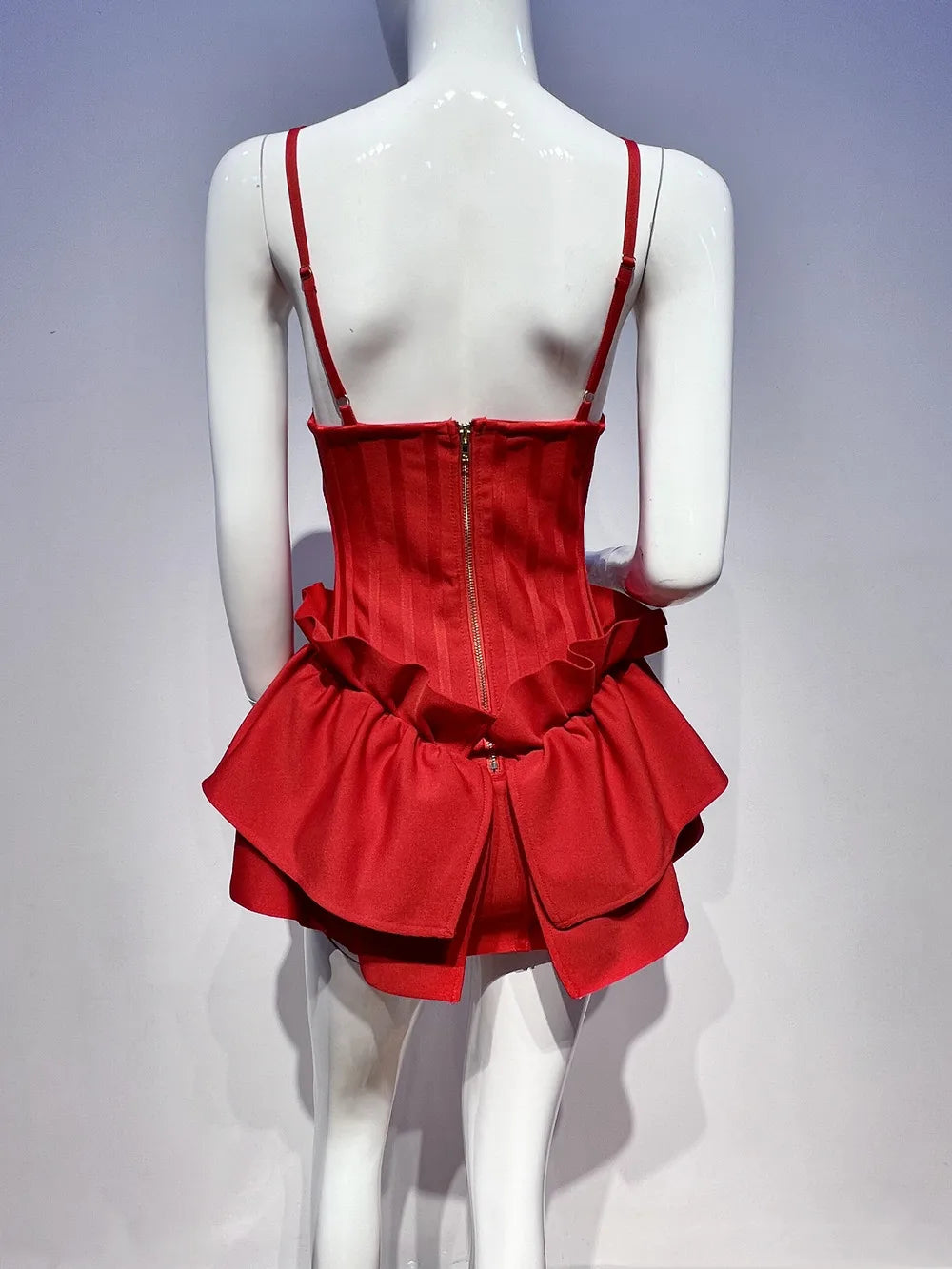 Red Color Women Sexy Sleeveless V-Neck Bodycon Mini Bandage Dress Ruffles Fashion Celebrate Nightclub Party Birthday Dress