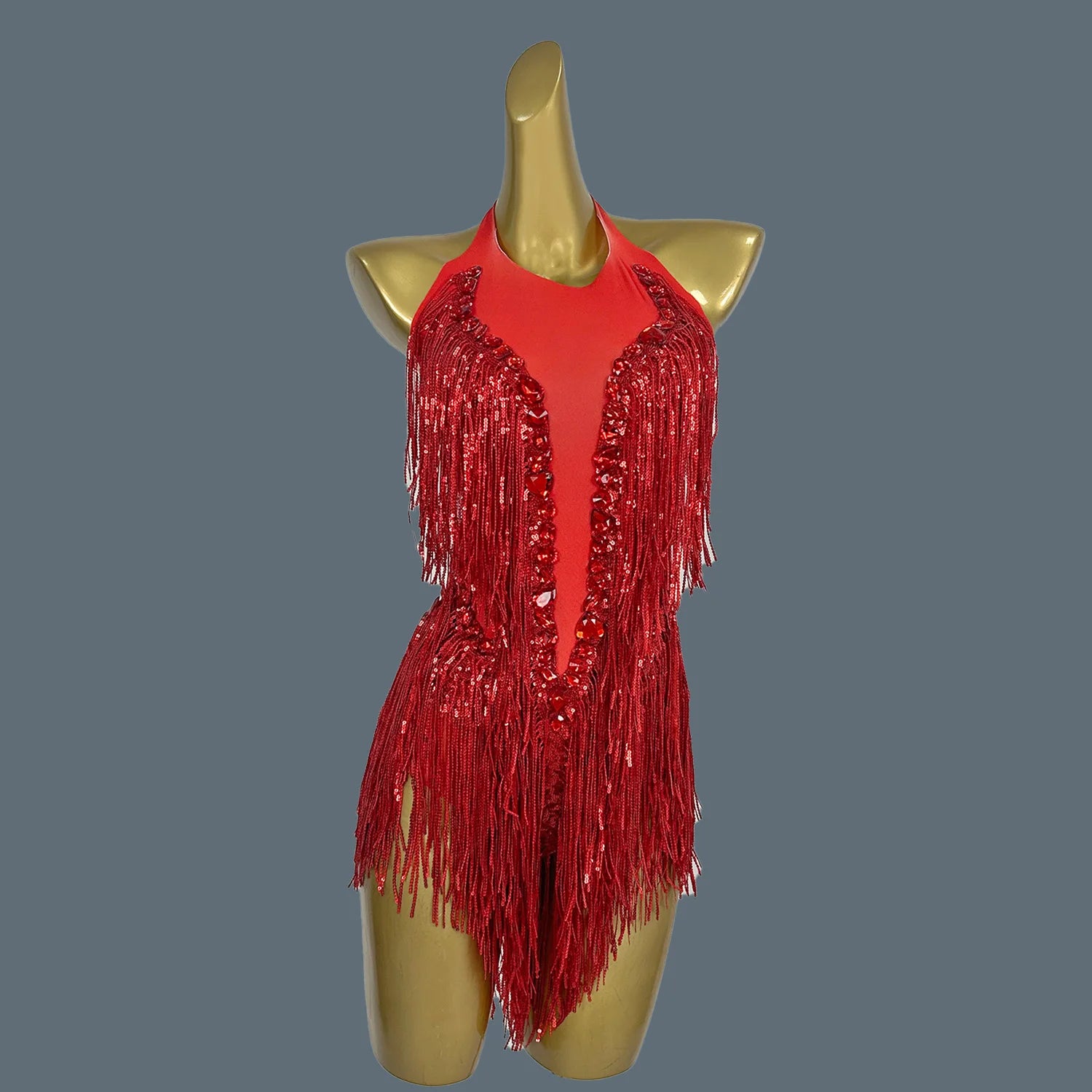 Sexy Pink Sequins Fringes Crystal Leotard Women Club Rhinestone Tassel Dance Bodysuit Stage Performance Costumes Shuye Red One Size