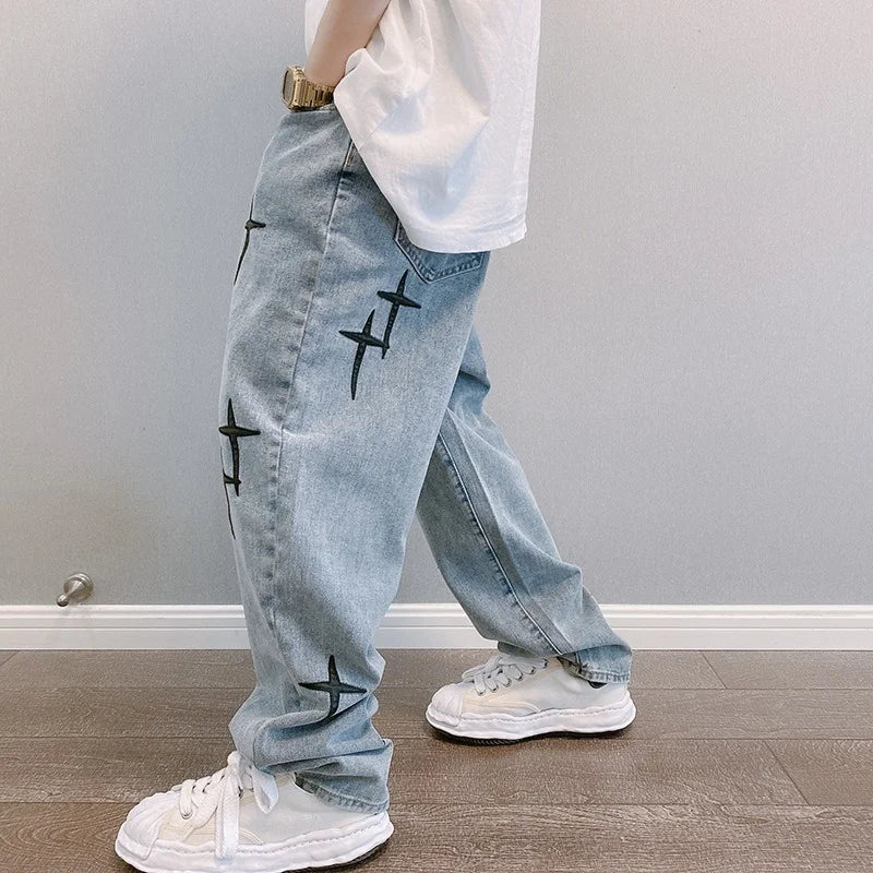Prints Jeans Men New Streetwear Baggy Wide Leg Jeans Korean Fashion Drapes Straight Casual Loose Denim Cargo Pants