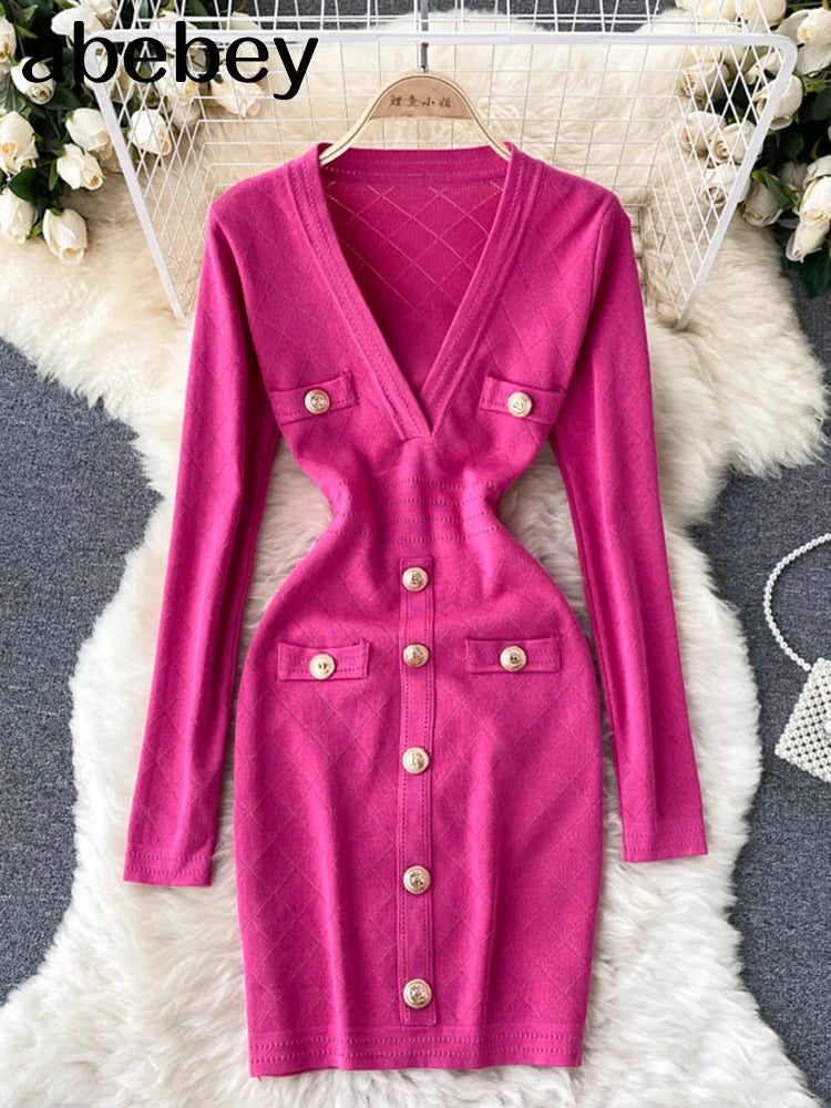 Women Knitted Pencil Dress Korean Long Sleeve V Neck Elastic Slim Dress Autumn Winter Sexy Bodycon Warm Sweater Dress