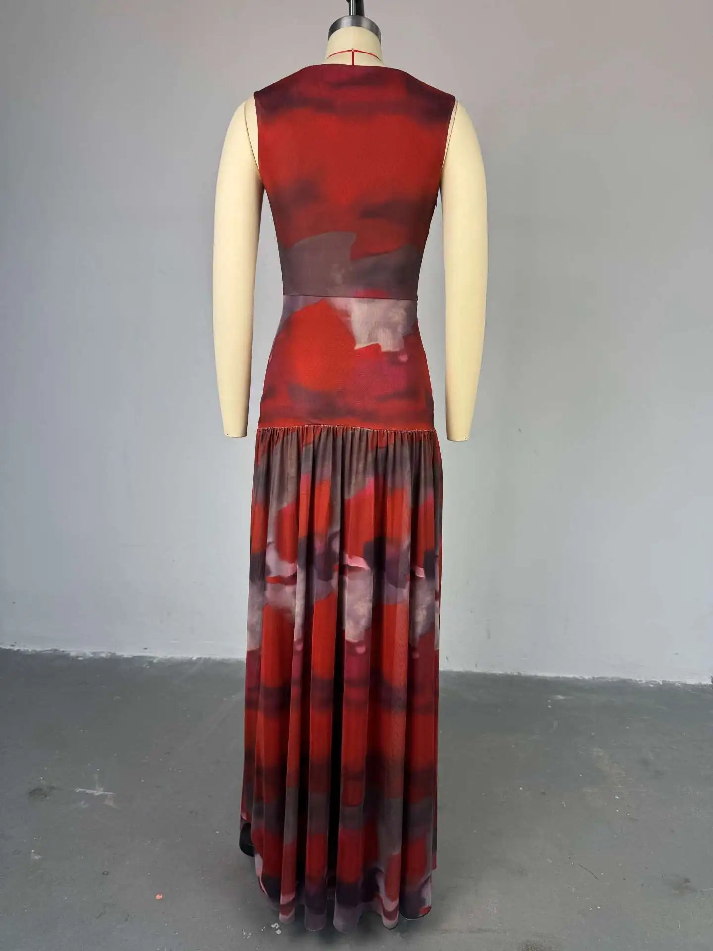 CM.YAYA Elegant Women Print Sleeveless Sweet O-neck Floor-Length Long Dress 2025 Beach Party Birthday Sexy Split Pleated Dresses