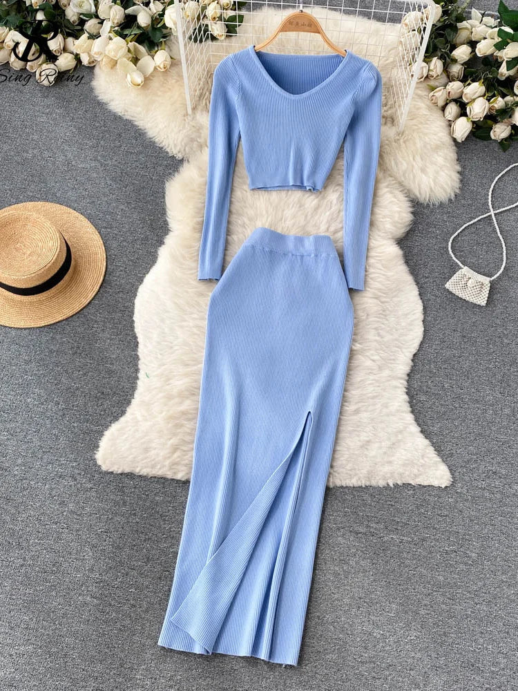 SINGREINY Autumn Sweater Two Pieces Suits Long Sleeves Knit Top+ Elatic Waist Slim Split Long Skirt Sets Women Warm Knitted Suit blue One Size