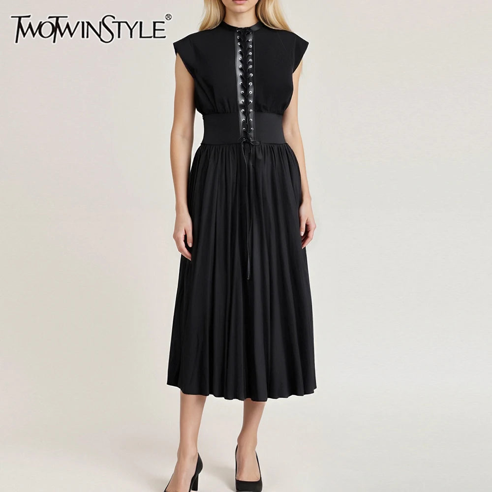 Solid Slimming Spliced Lace Up Elegant Dresses for Women Round Neck Sleeveless Patchwork Folds Dress Female Fashion