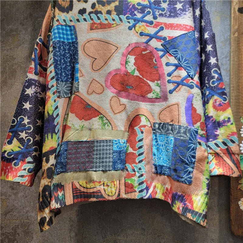 Autumn Winter New Printed Contrast Color Loose Round Neck Knitted Sweater For Women Versatile Pullover Trendy 11A07723