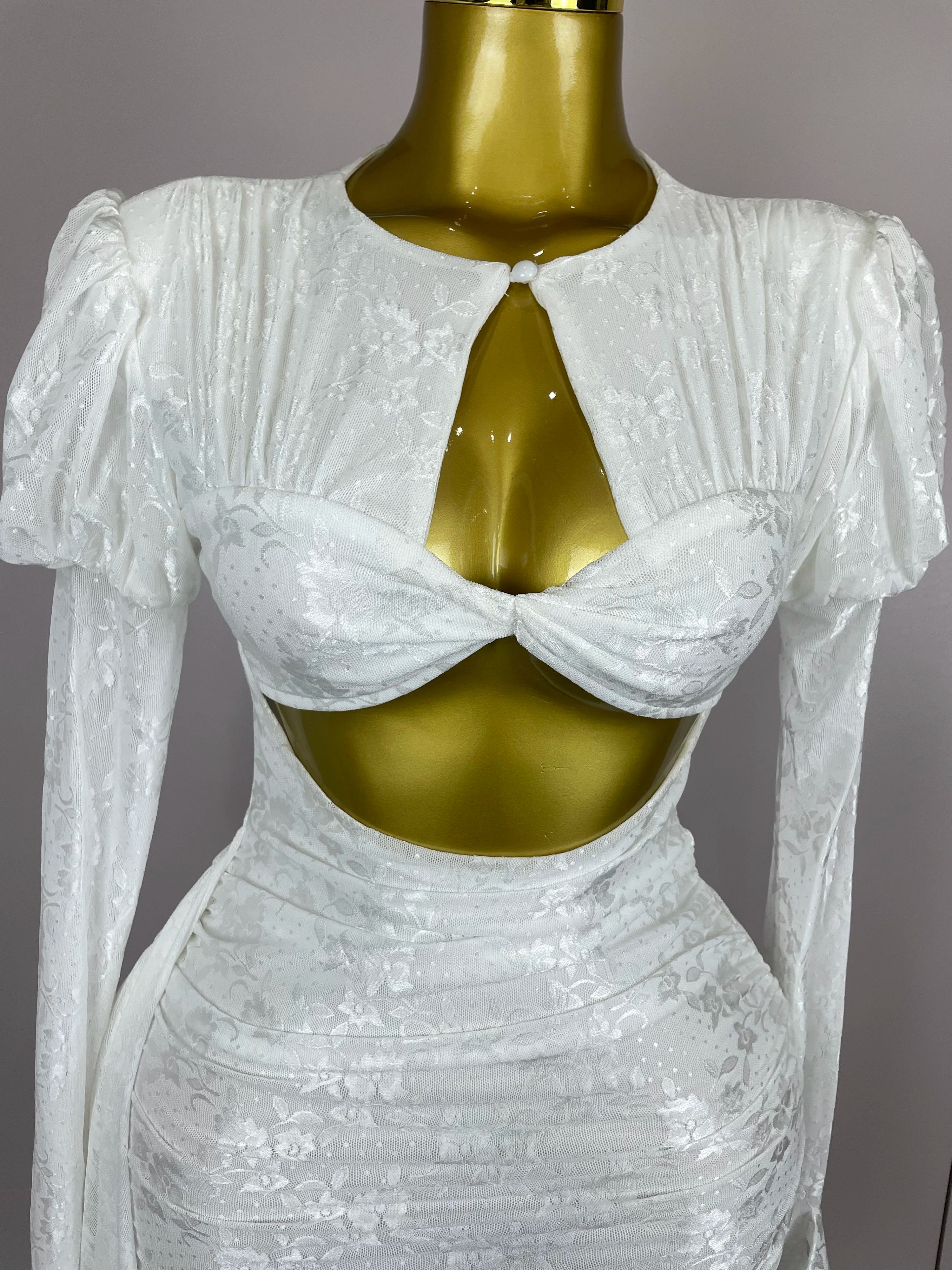 2025Women White Birthday Dress Fashion Long Sleeve O Neck Cut Out Bodycon Mini Trailing One Piece Celebrity Evening Club Dresses