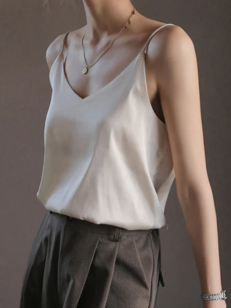 Grey Camisoles for Women Acetate SATIN Loose Summer Spaghetti Strap Tank Top Solid V-neck Fashion Sexy Backless Tanks & Camis