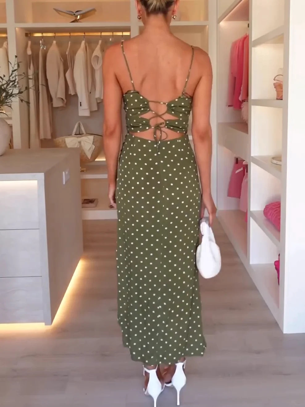 Polka Dot Green Suspender Skirt Women's Backless Long Skirt Vacation Dress Bandage Sexy Dress Beach Skirt Party Dress 2024