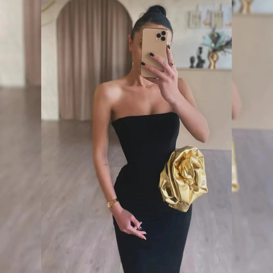 Black Color Women Sexy Strapless Big Gold Florals Bodycon Bandage Long Dress Fashion Elegant Evening Party Cocktail Dress