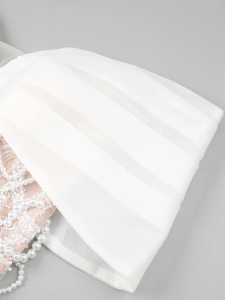 Beige Spilced Folds Short Dress Off The Shoulder Pearl Sequins Beading Chains Mini Cocktail Evening Party Vestido