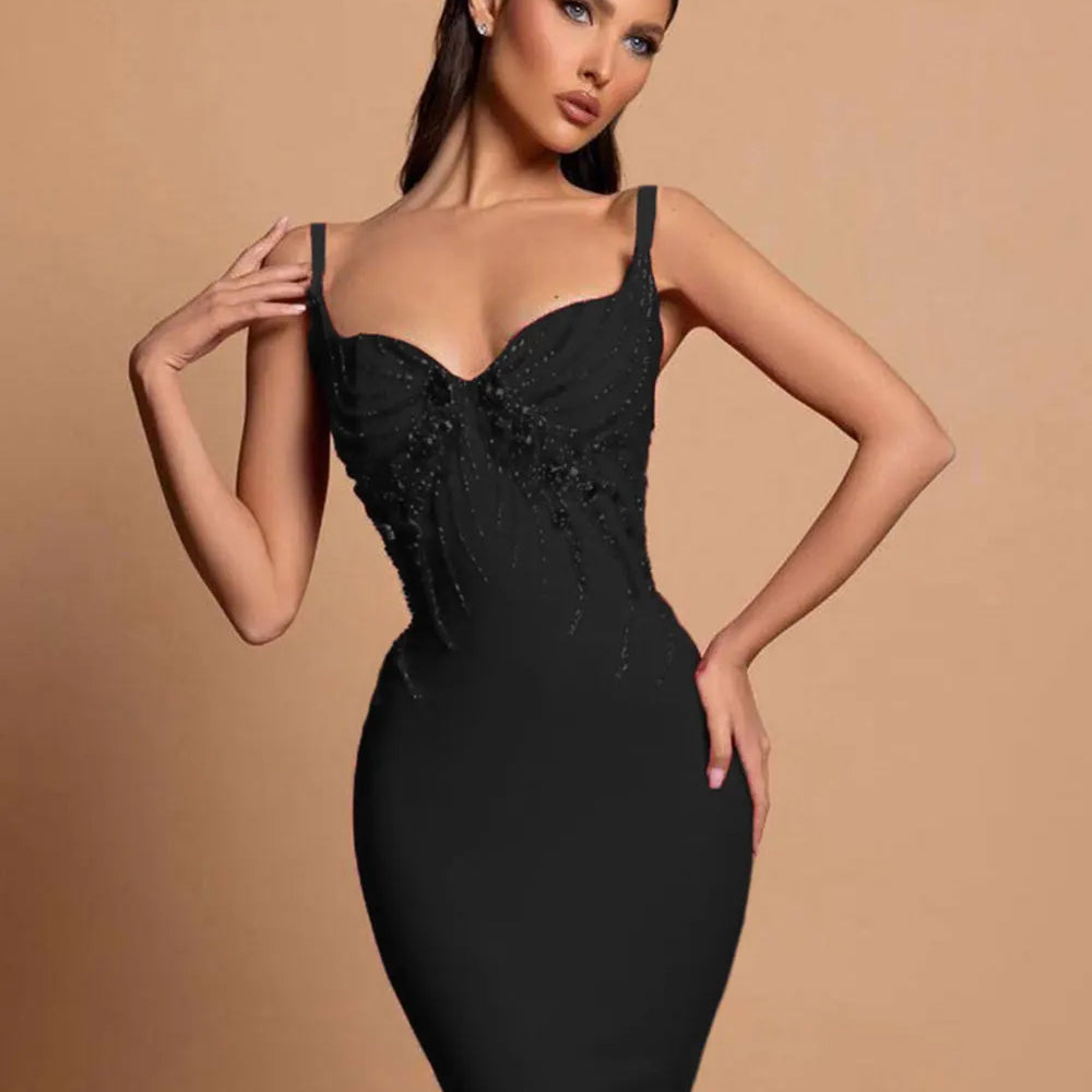 2025 Sexy Women Three-Dimensional Rhinestone Design Bandage Dress Spaghetti Strap Sleeveless Bodycon Backless Midi Dress Vestido
