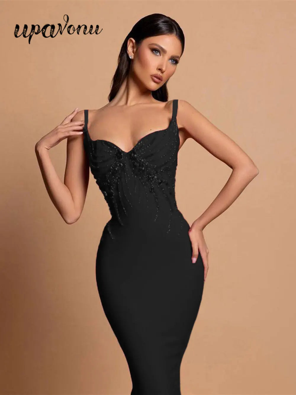 2025 Sexy Women Three-Dimensional Rhinestone Design Bandage Dress Spaghetti Strap Sleeveless Bodycon Backless Midi Dress Vestido