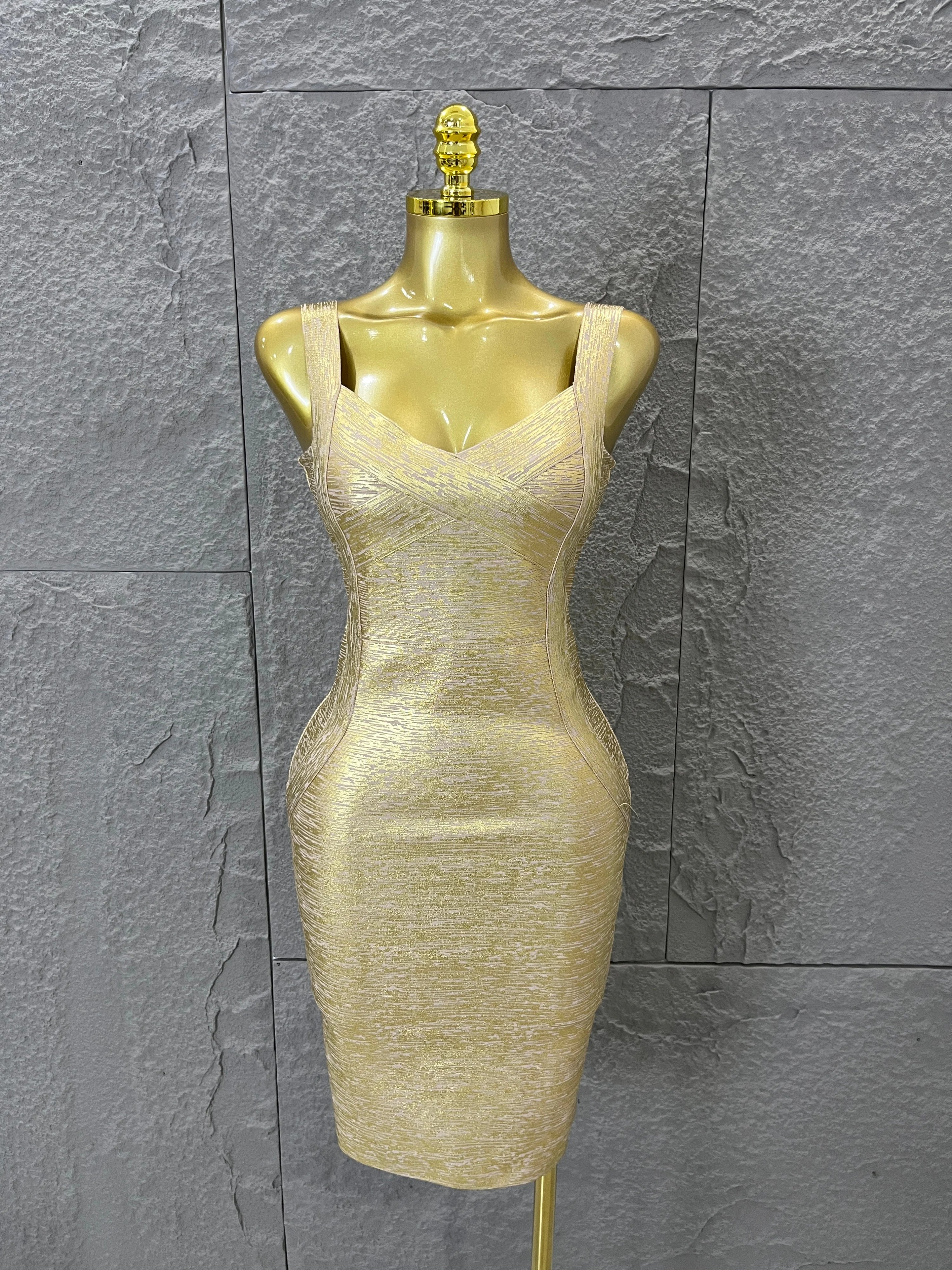 Elegant Sweetheart Neck Bandage Dress Crisscross Bust Slim Fit Midi Evening Banquet Formal Dinner Wedding Guest Cocktail Outfit Gold