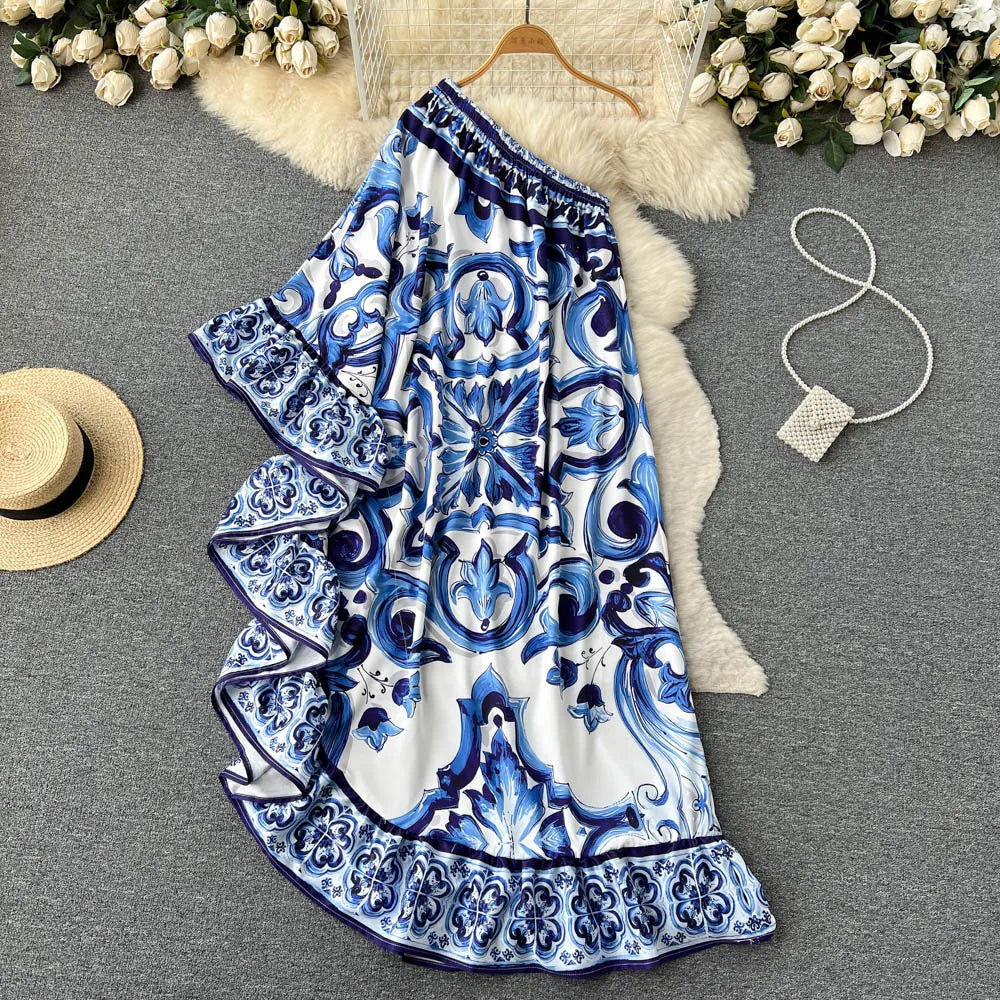 2023 New Summer Designer Bohemian Asymmetry Long Dress Women's Off Cool Shoulder Blue And White Porcelain Ruffled Hem Loose Robe Blue