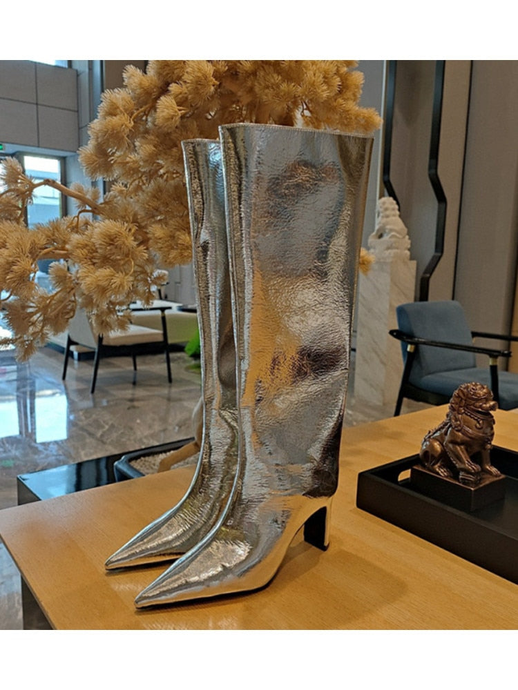 Women's New Pointed Thick Heel Sleeve Knee High Boots Fashion Fashion Show Gold Large Winter Boots 263silvery