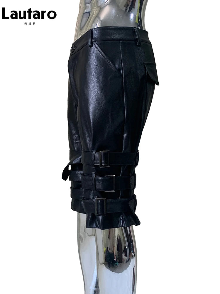 Lautaro Summer Cool Hard Black Pu Leather Shorts for Men with Many Belt High Waist Short Punk Style European Fashion Emo Clothes