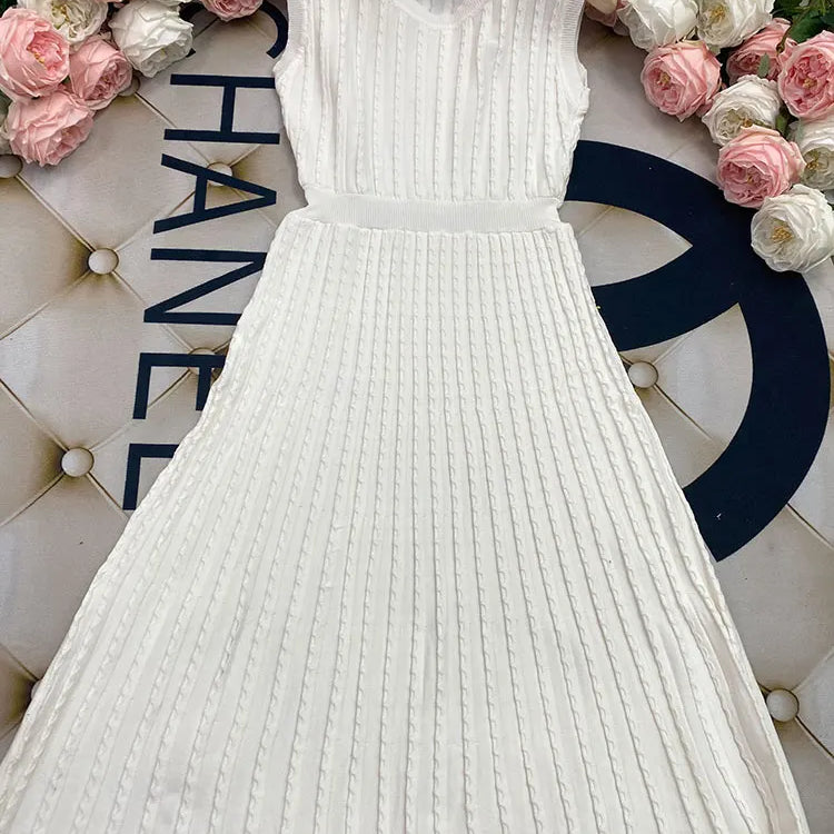 2024 New Listing Elegant Striped Knit Dress Women O-neck Sleeveless A-line Dresses Club Evening Party Midi Vestido WHITE