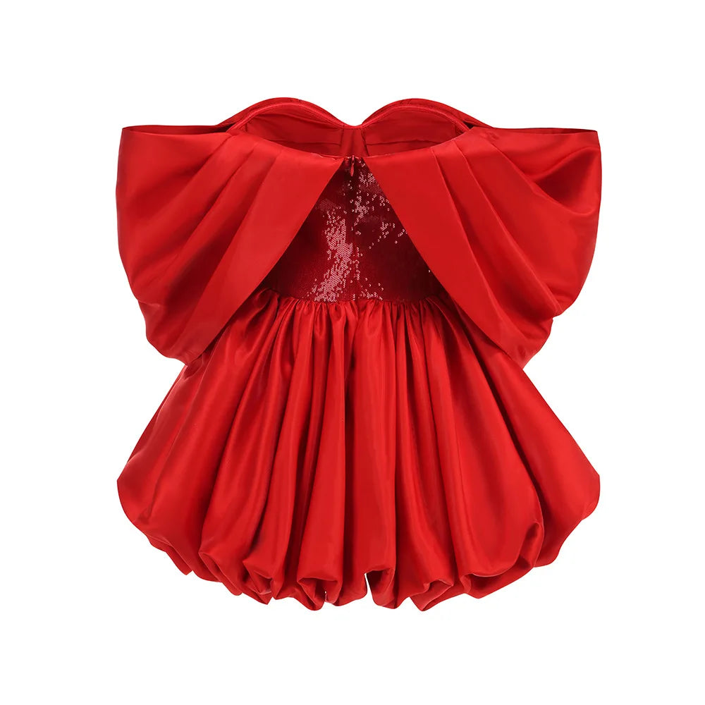 Red Shinning Sequins Women Strapless Sexy Ball Gown Mini Dress Christmas Birthday Party Celebrate Dress