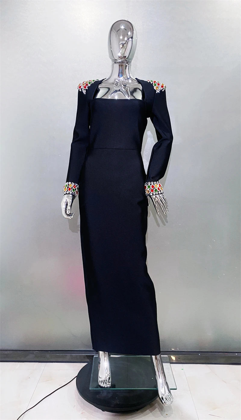 Luxury Colorful Diamonds Sexy Square Collar Black Bandage Dress Fashion Woman Evening dress Celebrity Cocktail Party Outfit black