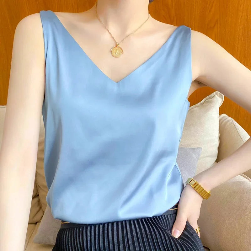Ice Silk Camisole Women's V-neck Tops White Satin Camis Mulberry Summer Ladies' Crop Top Women Solid Blouse Vest Cardamom