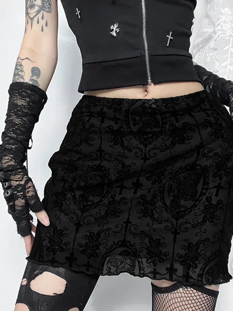 AltGoth Streetwear Elegant Gothic Skirt Women Vintage Emo Alternative Grunge High Waist Flockling Patchwork Mini Skirt Clubwear Black